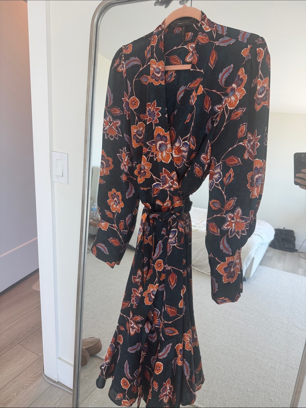BCBGMaxAzria Black Maxi Dress with Rust and Purple Floral